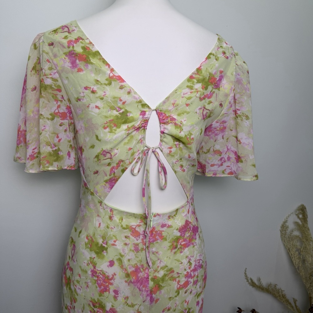ASTR Tie Back Flutter Sleeve Open Back Cut Out Maxi Dress in Lime Pink Floral L - Picture 6 of 9